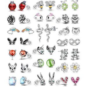 20 Pairs Stainless Steel Opal Cute Stud Earrings Set for Women Animal Rainbow La